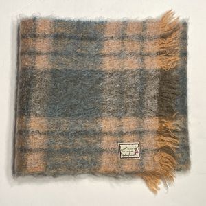 VTG 1960s Andrew Stewart Mohair Scarf Peach Blue Plaid Scotland Fringe